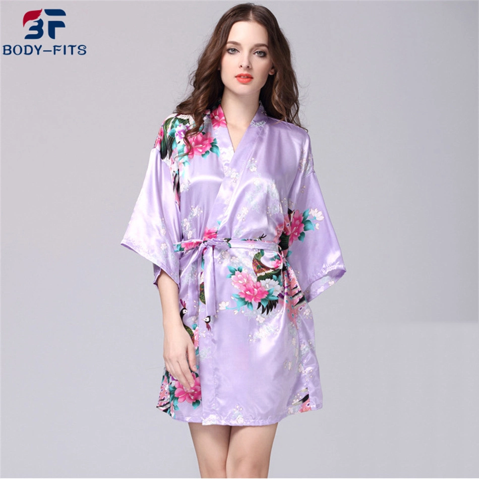 Ladies Elegant Nightgown Floral Print Luxury Silk Satin Bridesmaid Robe