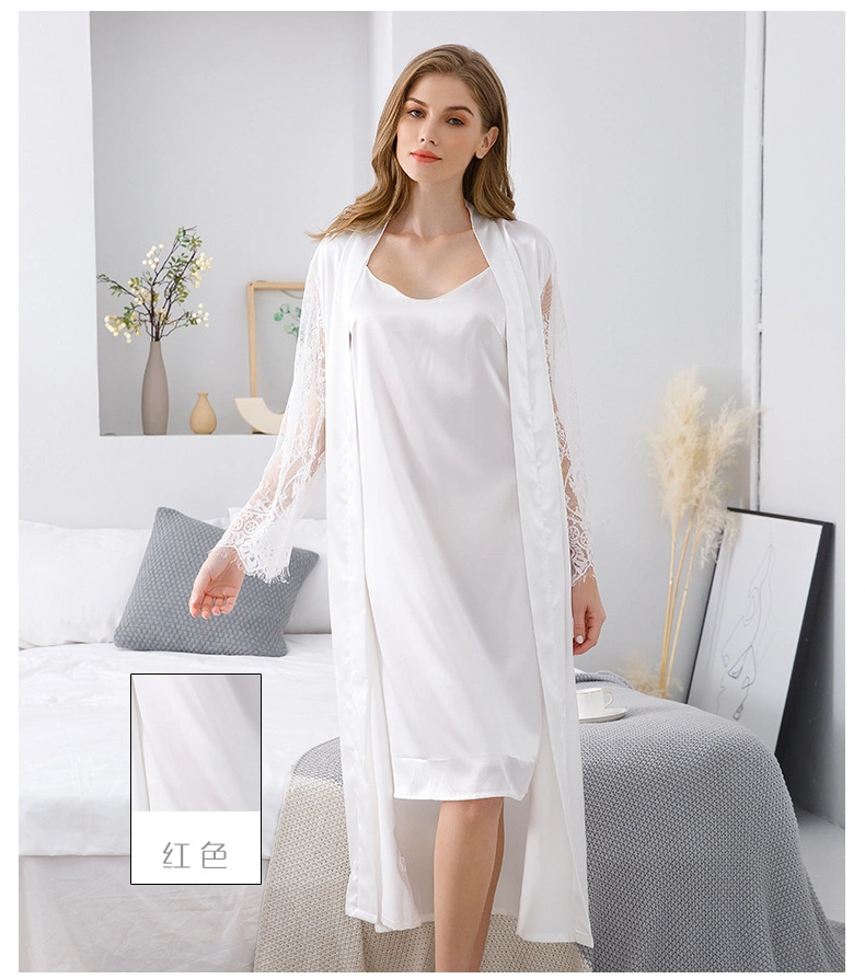 Spring Summer 2 Pieces Silk V Neck Slip Night Dress