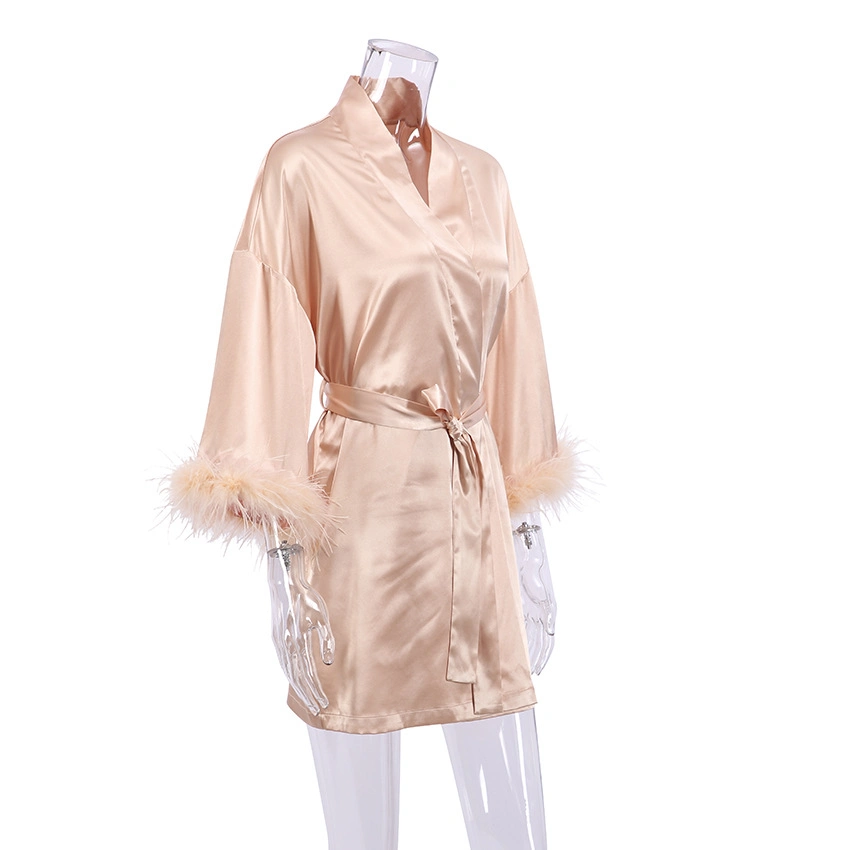 Womens Pyjamas Satin Silk Ostrich Feathers Trim Night Dress Pajamas Bridal Robe with Feathers