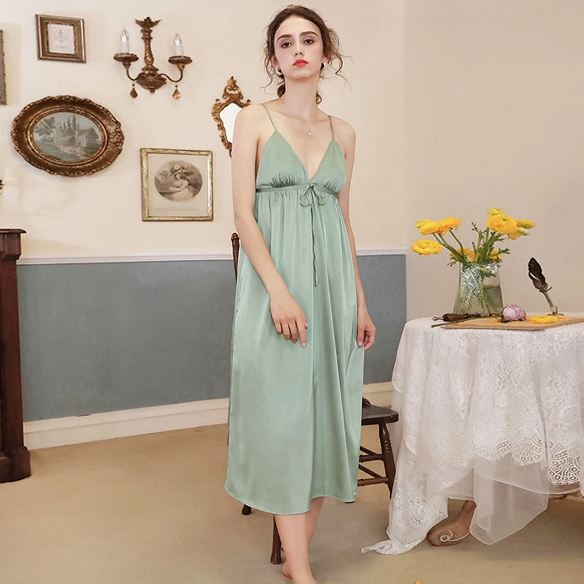 2023 Summer Fashion Loungewear Dress V Neck Sleeveless Long Silk Satin Night Dresses for Woman