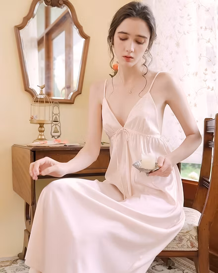 2023 여름 패션 Loungewear 드레스 v-목 민소매 긴 실크 새틴 나이트 드레스 여성을위한